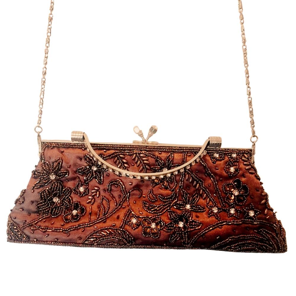 Brown Beaded Evening Bag With Chain Shoulder Strap